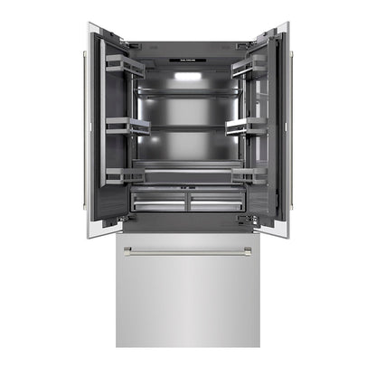 ZLINE Autograph Edition 36 in. 19.6 cu. ft. French Door Built-In Bottom Freezer Refrigerator with Water Dispenser and Ice Maker in Stainless Steel with Graphite Gray Interior and Polished Nickel Helix Handles (GRBIVZ-30436KPN)