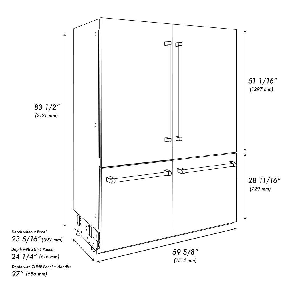 ZLINE Autograph Edition 60 in. 32.2 cu. ft. French Door Built-In Bottom Freezer Refrigerator with Water Dispenser and Ice Maker in Stainless Steel with Graphite Gray Interior and Champagne Bronze Helix Handles (GRBIVZ-30460KCB)