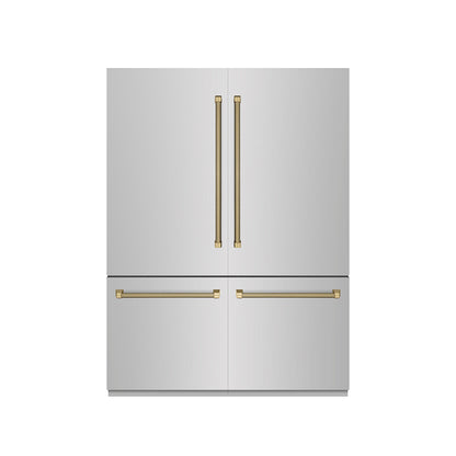ZLINE Autograph Edition 60 in. 32.2 cu. ft. French Door Built-In Bottom Freezer Refrigerator with Water Dispenser and Ice Maker in Stainless Steel with Graphite Gray Interior and Champagne Bronze Helix Handles (GRBIVZ-30460KCB)