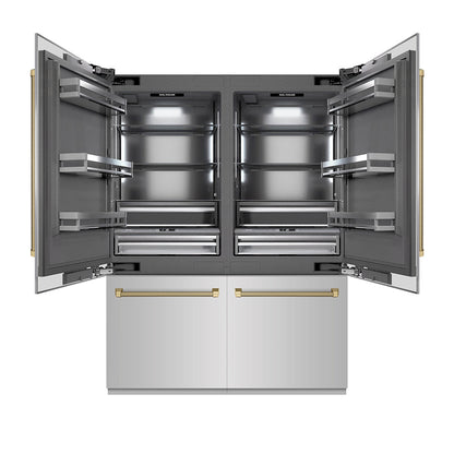 ZLINE Autograph Edition 60 in. 32.2 cu. ft. French Door Built-In Bottom Freezer Refrigerator with Water Dispenser and Ice Maker in Stainless Steel with Graphite Gray Interior and Champagne Bronze Helix Handles (GRBIVZ-30460KCB)