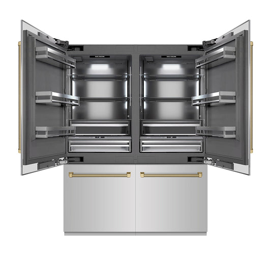 ZLINE Autograph Edition 60 in. 32.2 cu. ft. French Door Built-In Bottom Freezer Refrigerator with Water Dispenser and Ice Maker in Stainless Steel with Graphite Gray Interior and Champagne Bronze Helix Handles (GRBIVZ-30460KCB)