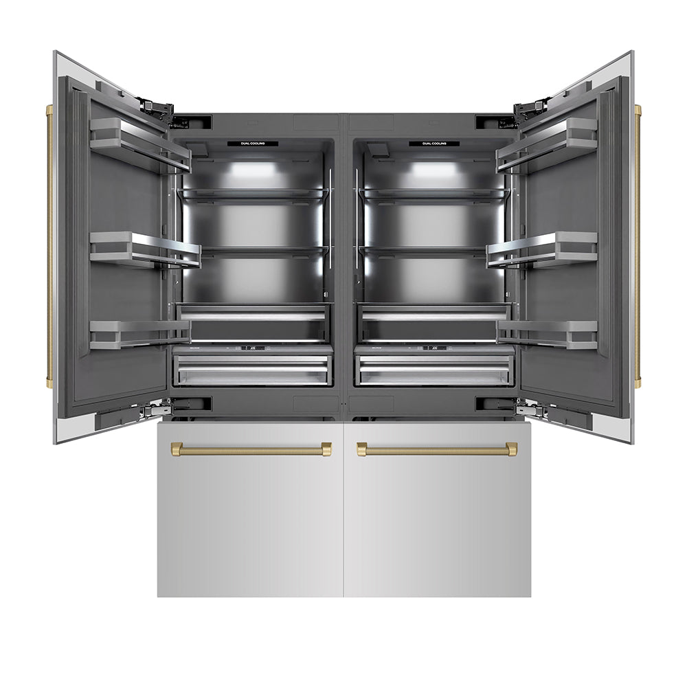 ZLINE Autograph Edition 60 in. 32.2 cu. ft. French Door Built-In Bottom Freezer Refrigerator with Water Dispenser and Ice Maker in Stainless Steel with Graphite Gray Interior and Champagne Bronze Helix Handles (GRBIVZ-30460KCB)