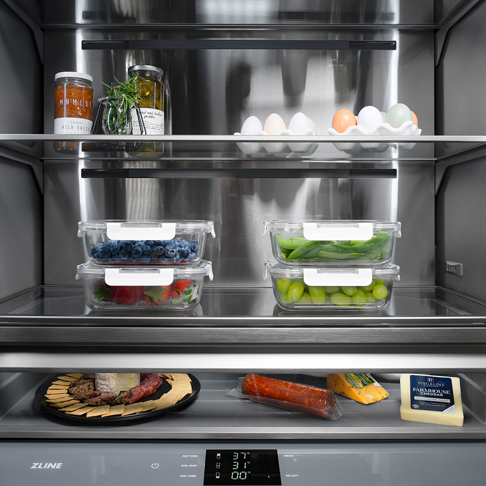 ZLINE Autograph Edition 60 in. 32.2 cu. ft. French Door Built-In Bottom Freezer Refrigerator with Water Dispenser and Ice Maker in Stainless Steel with Graphite Gray Interior and Polished Gold Helix Handles (GRBIVZ-30460KG)