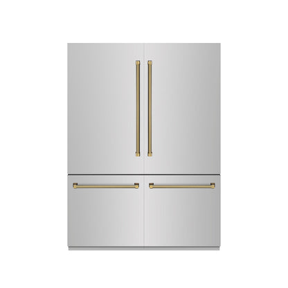 ZLINE Autograph Edition 60 in. 32.2 cu. ft. French Door Built-In Bottom Freezer Refrigerator with Water Dispenser and Ice Maker in Stainless Steel with Graphite Gray Interior and Polished Gold Helix Handles (GRBIVZ-30460KG)
