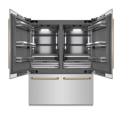 ZLINE Autograph Edition 60 in. 32.2 cu. ft. French Door Built-In Bottom Freezer Refrigerator with Water Dispenser and Ice Maker in Stainless Steel with Graphite Gray Interior and Polished Gold Helix Handles (GRBIVZ-30460KG)