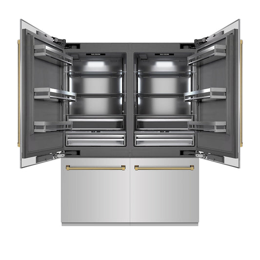 ZLINE Autograph Edition 60 in. 32.2 cu. ft. French Door Built-In Bottom Freezer Refrigerator with Water Dispenser and Ice Maker in Stainless Steel with Graphite Gray Interior and Polished Gold Helix Handles (GRBIVZ-30460KG)