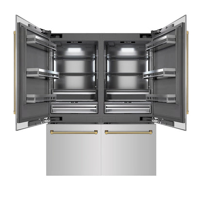 ZLINE Autograph Edition 60 in. 32.2 cu. ft. French Door Built-In Bottom Freezer Refrigerator with Water Dispenser and Ice Maker in Stainless Steel with Graphite Gray Interior and Polished Gold Helix Handles (GRBIVZ-30460KG)