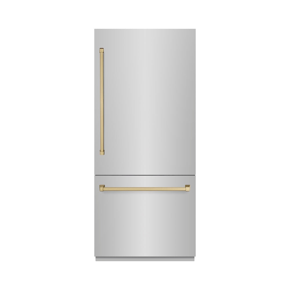 ZLINE Autograph Edition 36 in. 19.8 cu. ft. Built-In Bottom Freezer Refrigerator with Water Dispenser and Ice Maker in Stainless Steel with Champagne Bronze Accents (RBITZ-304-36CB)