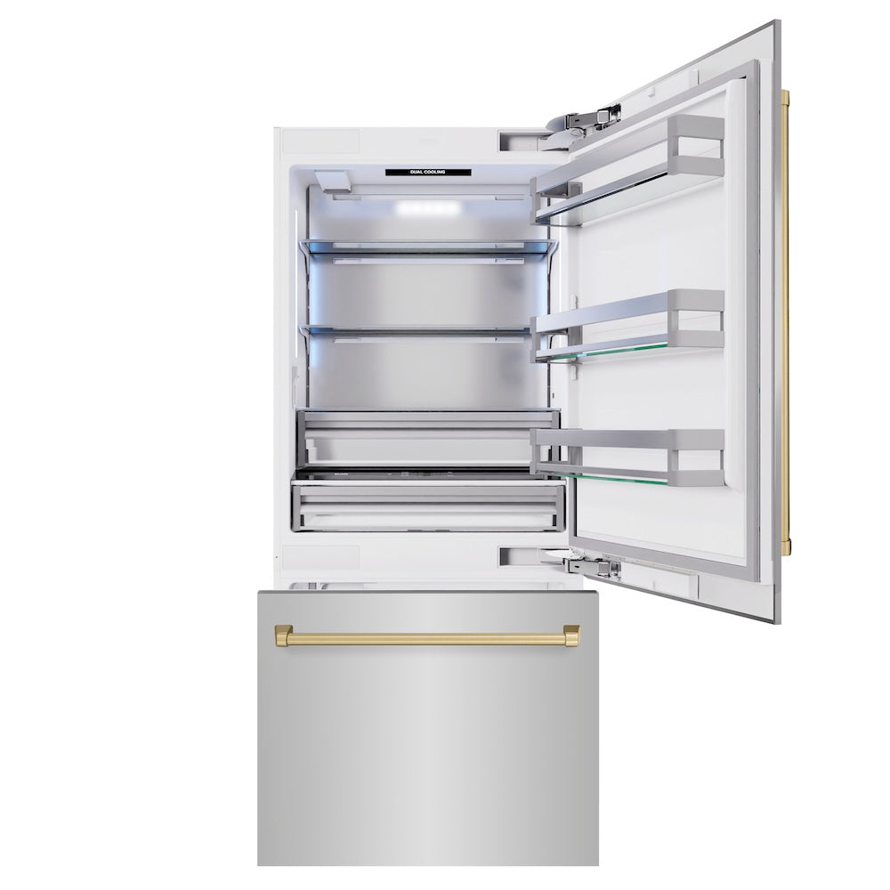 ZLINE Autograph Edition 36 in. 19.8 cu. ft. Built-In Bottom Freezer Refrigerator with Water Dispenser and Ice Maker in Stainless Steel with Champagne Bronze Accents (RBITZ-304-36CB)