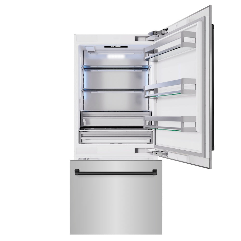 ZLINE Autograph Edition 36 in. 19.8 cu. ft. Built-In Bottom Freezer Refrigerator with Water Dispenser and Ice Maker in Stainless Steel with Matte Black Accents (RBITZ-304-36MB)