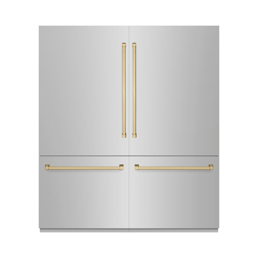 ZLINE Autograph Edition 72 in. 39.6 cu. ft. French Door Built-In Bottom Freezer Refrigerator with Water Dispensers and Ice Makers in Stainless Steel with Champagne Bronze Accents (RBITZ-304-72CB)