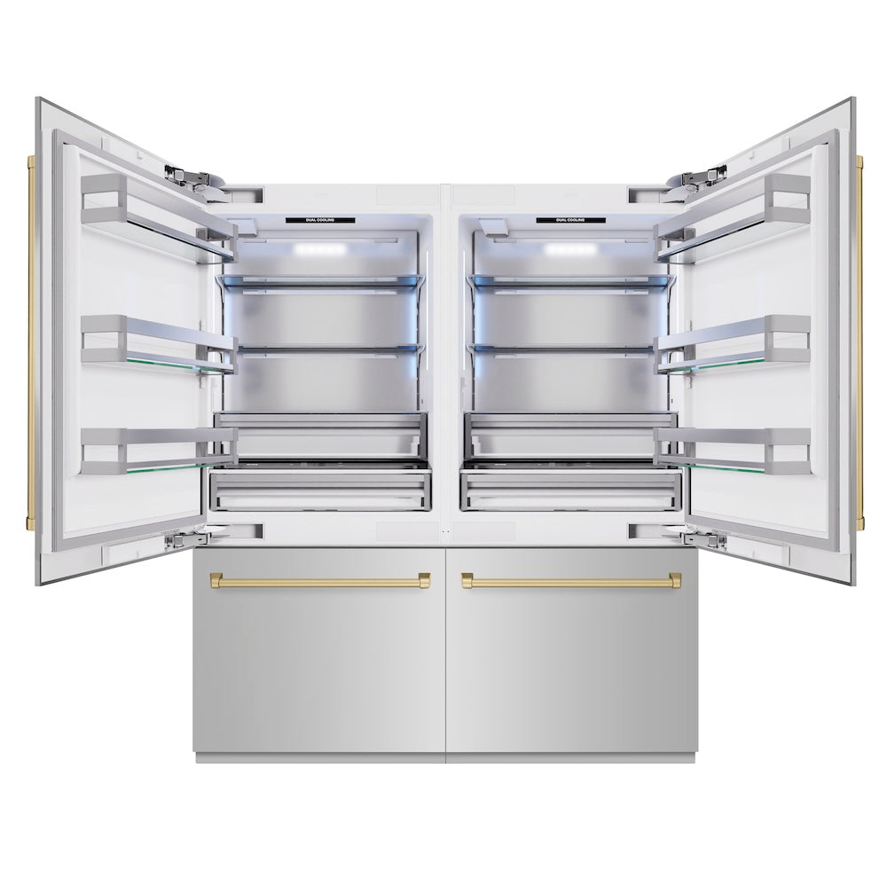 ZLINE Autograph Edition 72 in. 39.6 cu. ft. French Door Built-In Bottom Freezer Refrigerator with Water Dispensers and Ice Makers in Stainless Steel with Champagne Bronze Accents (RBITZ-304-72CB)