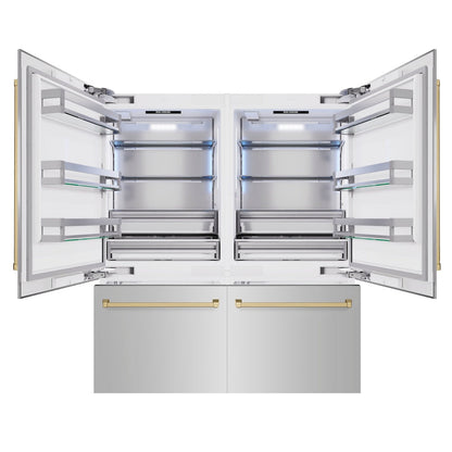 ZLINE Autograph Edition 72 in. 39.6 cu. ft. French Door Built-In Bottom Freezer Refrigerator with Water Dispensers and Ice Makers in Stainless Steel with Champagne Bronze Accents (RBITZ-304-72CB)