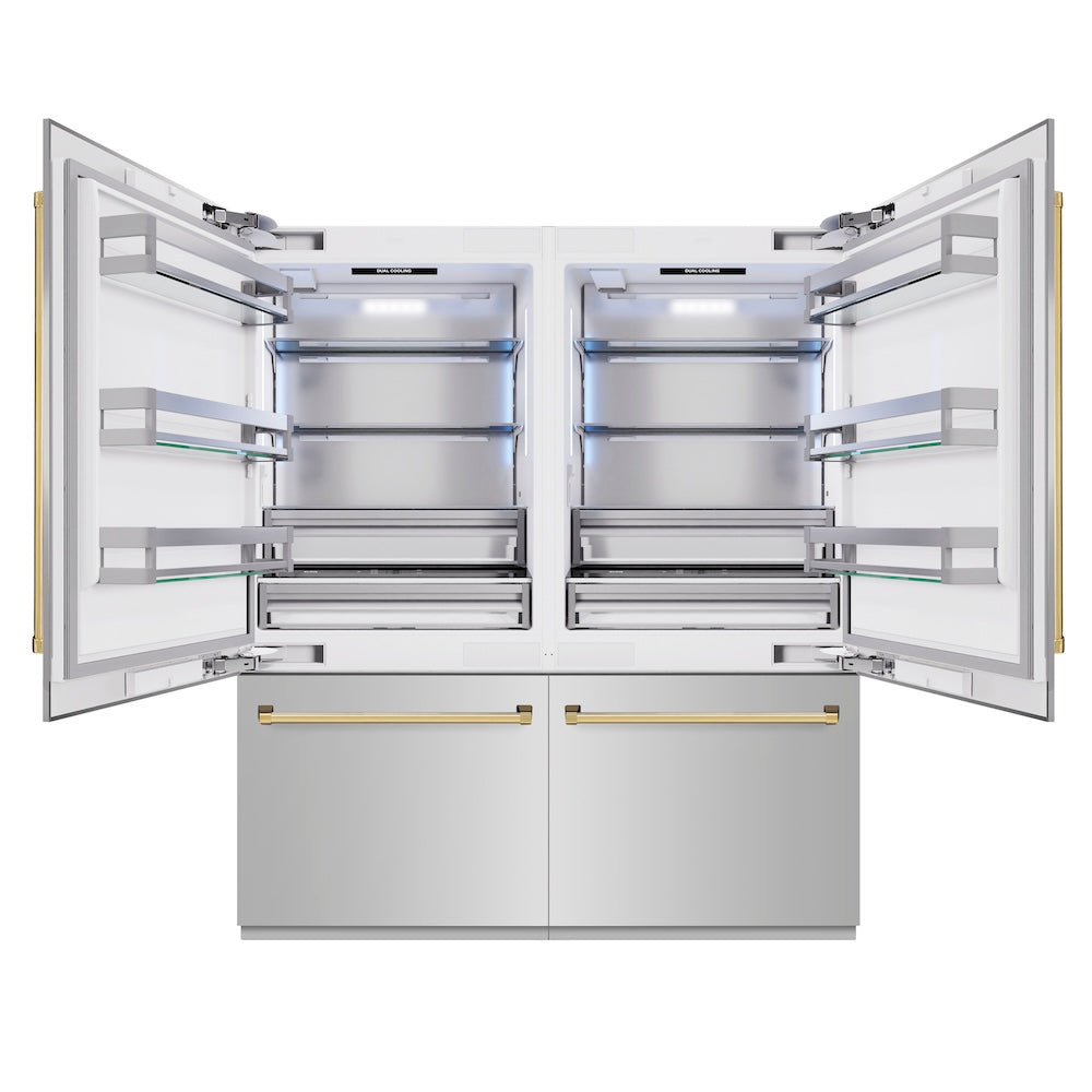 ZLINE Autograph Edition 72 in. 39.6 cu. ft. French Door Built-In Bottom Freezer Refrigerator with Water Dispensers and Ice Makers in Stainless Steel with Polished Gold Accents (RBITZ-304-72G)