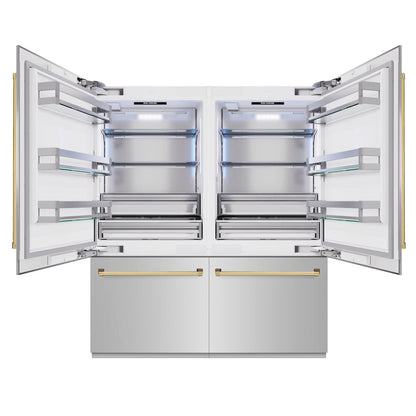 ZLINE Autograph Edition 72 in. 39.6 cu. ft. French Door Built-In Bottom Freezer Refrigerator with Water Dispensers and Ice Makers in Stainless Steel with Polished Gold Accents (RBITZ-304-72G)
