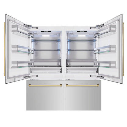 ZLINE Autograph Edition 72 in. 39.6 cu. ft. French Door Built-In Bottom Freezer Refrigerator with Water Dispensers and Ice Makers in Stainless Steel with Polished Gold Accents (RBITZ-304-72G)