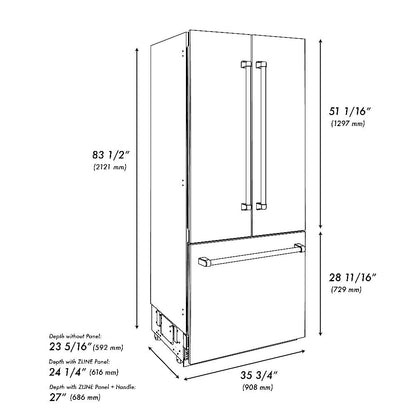 ZLINE 36 in. 19.6 cu. ft. French Door Built-In Bottom Freezer Refrigerator with Water Dispenser and Ice Maker in Stainless Steel (RBIV-304-36)