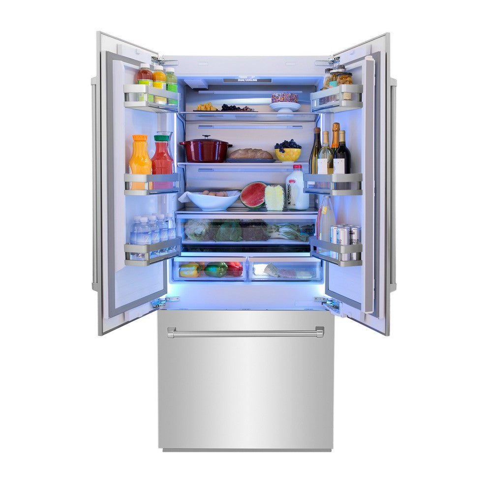 ZLINE 36 in. 19.6 cu. ft. French Door Built-In Bottom Freezer Refrigerator with Water Dispenser and Ice Maker in Stainless Steel (RBIV-304-36)