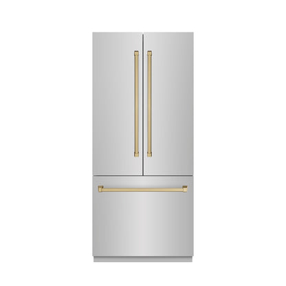 ZLINE Autograph Edition 36 in. 19.6 cu. ft. French Door Built-In Bottom Freezer Refrigerator with Water Dispenser and Ice Maker in Stainless Steel with Stainless Steel Interior and Champagne Bronze Accents (SRBIVZ-304-36CB)