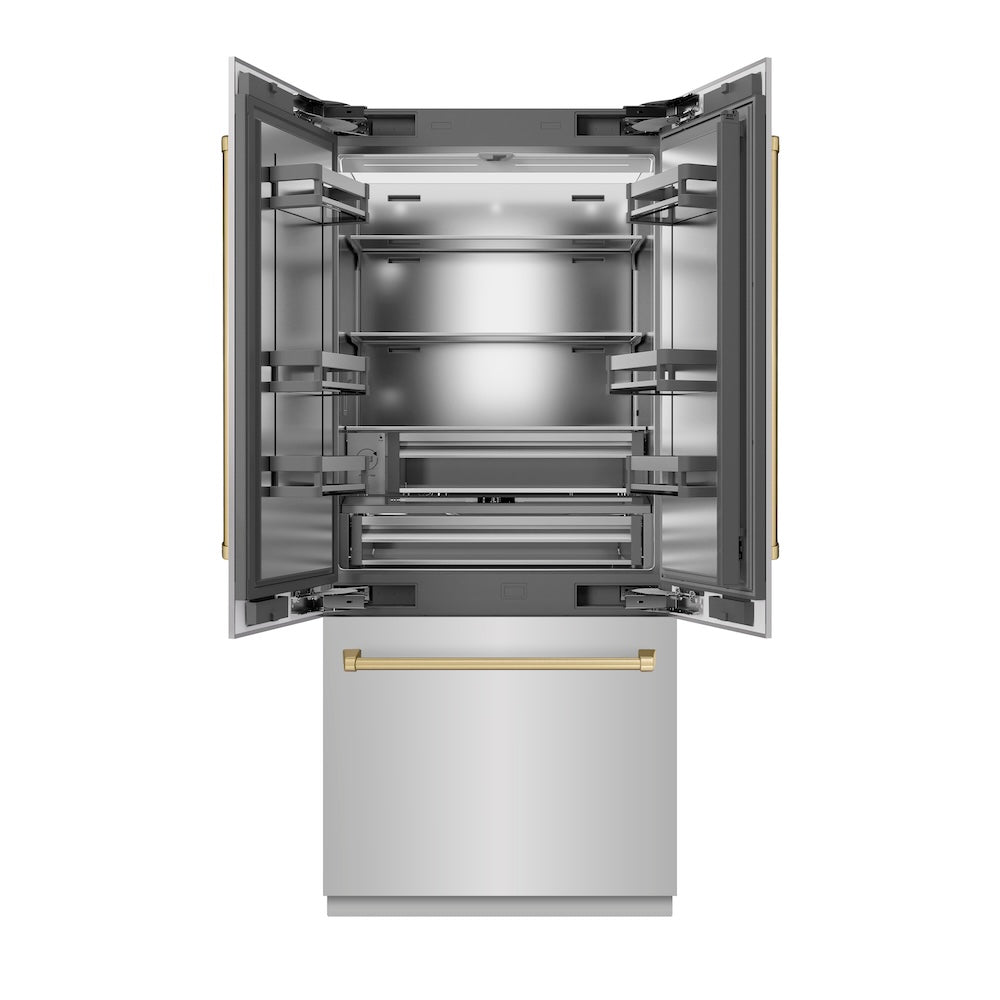 ZLINE Autograph Edition 36 in. 19.6 cu. ft. French Door Built-In Bottom Freezer Refrigerator with Water Dispenser and Ice Maker in Stainless Steel with Stainless Steel Interior and Champagne Bronze Accents (SRBIVZ-304-36CB)