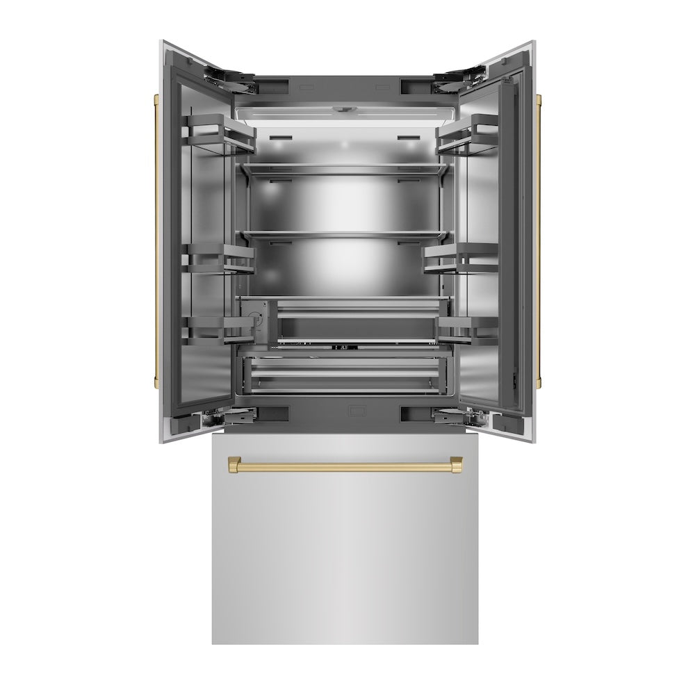 ZLINE Autograph Edition 36 in. 19.6 cu. ft. French Door Built-In Bottom Freezer Refrigerator with Water Dispenser and Ice Maker in Stainless Steel with Stainless Steel Interior and Champagne Bronze Accents (SRBIVZ-304-36CB)