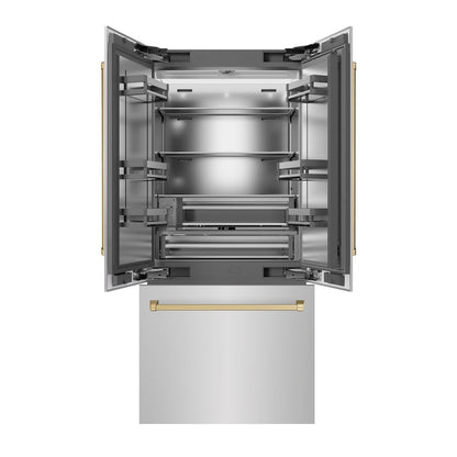 ZLINE Autograph Edition 36 in. 19.6 cu. ft. French Door Built-In Bottom Freezer Refrigerator with Water Dispenser and Ice Maker in Stainless Steel with Stainless Steel Interior and Champagne Bronze Accents (SRBIVZ-304-36CB)