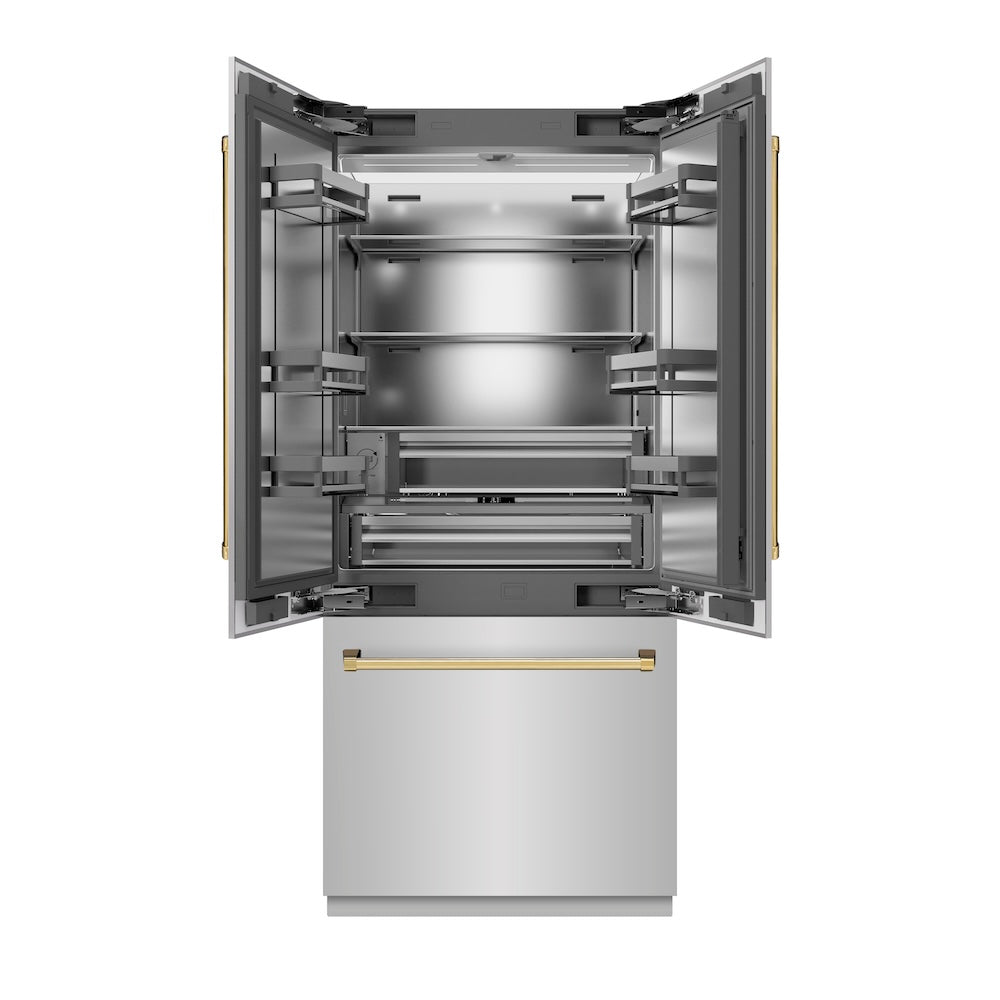 ZLINE Autograph Edition 36 in. 19.6 cu. ft. French Door Built-In Bottom Freezer Refrigerator with Water Dispenser and Ice Maker in Stainless Steel with Stainless Steel Interior and Polished Gold Accents (SRBIVZ-304-36G)