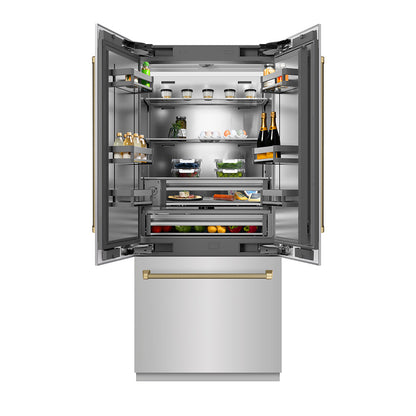 ZLINE Autograph Edition 36 in. 19.6 cu. ft. French Door Built-In Bottom Freezer Refrigerator with Water Dispenser and Ice Maker in Stainless Steel with Stainless Steel Interior and Champagne Bronze Helix Handles (SRBIVZ-30436KCB)