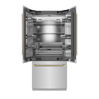 ZLINE Autograph Edition 36 in. 19.6 cu. ft. French Door Built-In Bottom Freezer Refrigerator with Water Dispenser and Ice Maker in Stainless Steel with Stainless Steel Interior and Champagne Bronze Helix Handles (SRBIVZ-30436KCB)