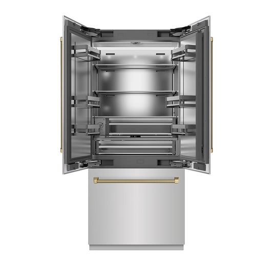 ZLINE Autograph Edition 36 in. 19.6 cu. ft. French Door Built-In Bottom Freezer Refrigerator with Water Dispenser and Ice Maker in Stainless Steel with Stainless Steel Interior and Champagne Bronze Helix Handles (SRBIVZ-30436KCB)