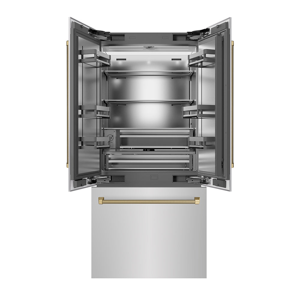 ZLINE Autograph Edition 36 in. 19.6 cu. ft. French Door Built-In Bottom Freezer Refrigerator with Water Dispenser and Ice Maker in Stainless Steel with Stainless Steel Interior and Champagne Bronze Helix Handles (SRBIVZ-30436KCB)