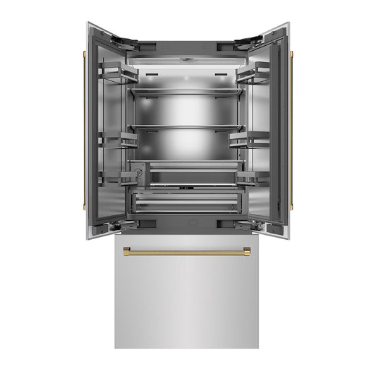 ZLINE Autograph Edition 36 in. 19.6 cu. ft. French Door Built-In Bottom Freezer Refrigerator with Water Dispenser and Ice Maker in Stainless Steel with Stainless Steel Interior and Polished Gold Helix Handles (SRBIVZ-30436KG)