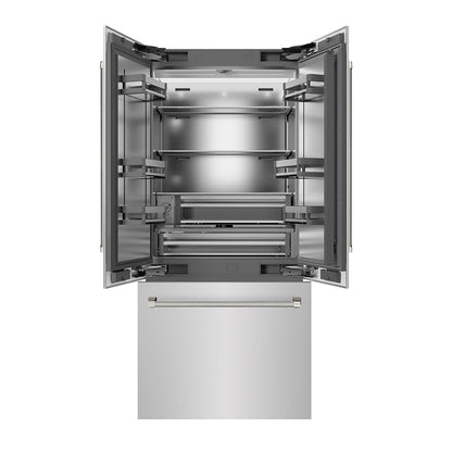 ZLINE Autograph Edition 36 in. 19.6 cu. ft. French Door Built-In Bottom Freezer Refrigerator with Water Dispenser and Ice Maker in Stainless Steel with Stainless Steel Interior and Polished Nickel Helix Handles (SRBIVZ-30436KPN)