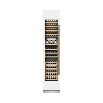 ZLINE Autograph Edition 18 in. 9.0 cu. ft. Triple Zone 68 Bottle Left Hinge Column Wine Cooler in White Matte with Champagne Bronze Accents (RCWVLZ-WM-18-CB)
