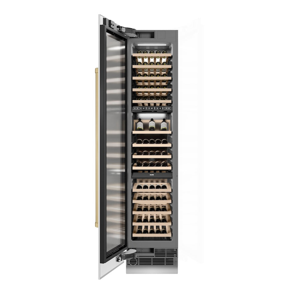 ZLINE Autograph Edition 18 in. 9.0 cu. ft. Triple Zone 68 Bottle Left Hinge Column Wine Cooler in White Matte with Champagne Bronze Accents (RCWVLZ-WM-18-CB)