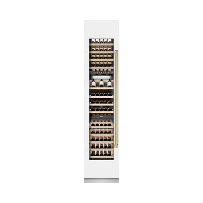 ZLINE Autograph Edition 18 in. 9.0 cu. ft. Triple Zone 68 Bottle Left Hinge Column Wine Cooler in White Matte with Polished Gold Accents (RCWVLZ-WM-18-G)