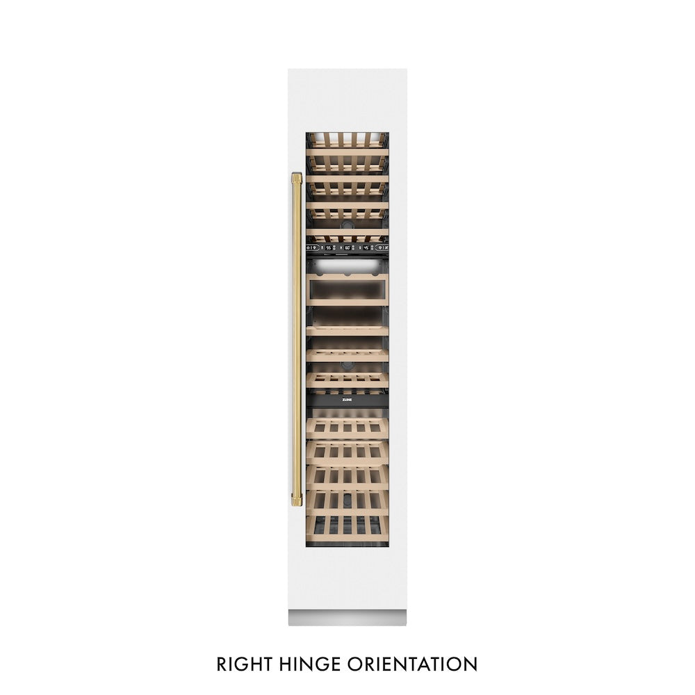ZLINE Autograph Edition 18 in. 9.0 cu. ft. Triple Zone 68 Bottle Right Hinge Column Wine Cooler in White Matte with Polished Gold Accents (RCWVRZ-WM-18-G)