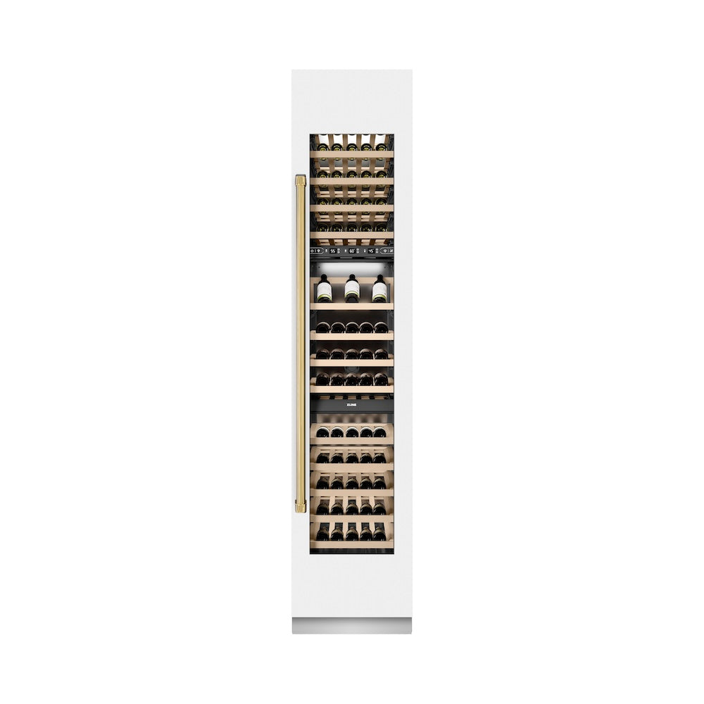 ZLINE Autograph Edition 18 in. 9.0 cu. ft. Triple Zone 68 Bottle Right Hinge Column Wine Cooler in White Matte with Polished Gold Accents (RCWVRZ-WM-18-G)
