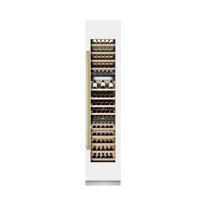 ZLINE Autograph Edition 18 in. 9.0 cu. ft. Triple Zone 68 Bottle Right Hinge Column Wine Cooler in White Matte with Polished Gold Accents (RCWVRZ-WM-18-G)