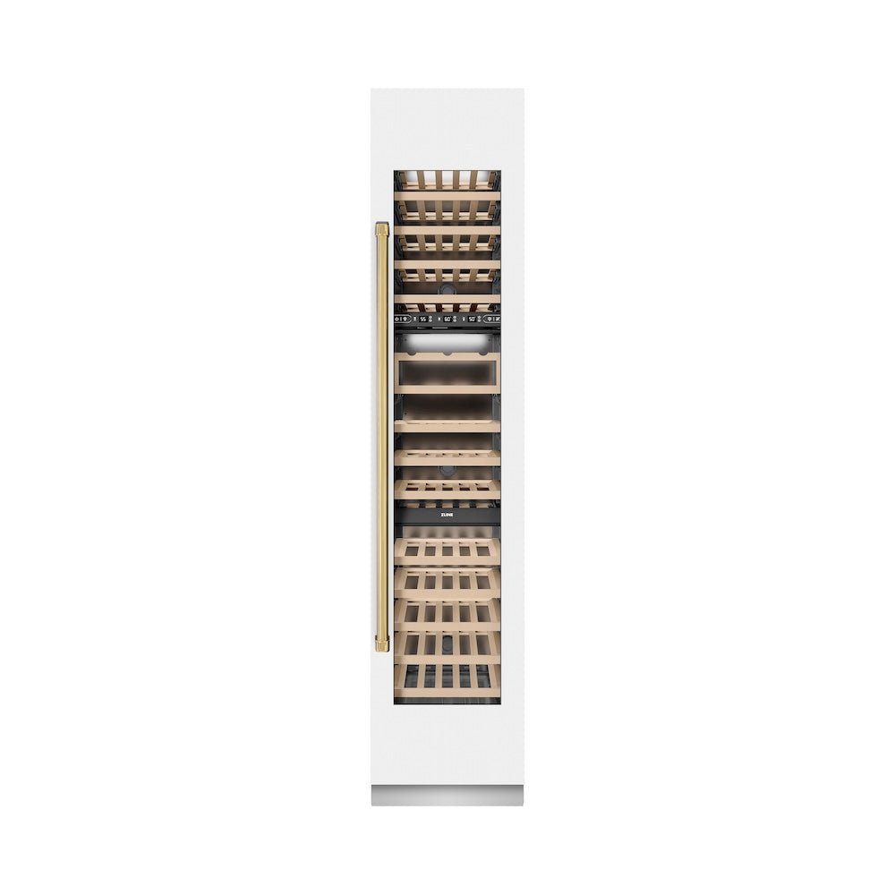 ZLINE Autograph Edition 18 in. 9.0 cu. ft. Triple Zone 68 Bottle Right Hinge Column Wine Cooler in White Matte with Polished Gold Accents (RCWVRZ-WM-18-G)