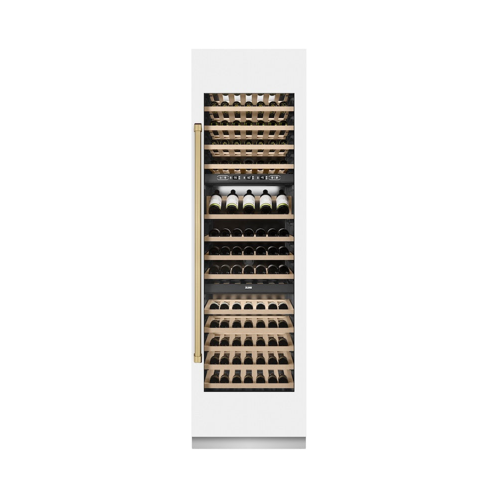 ZLINE Autograph Edition 24 in. 12.4 cu. ft. Triple Zone 100 Bottle Column Wine Cooler in White Matte and Champagne Bronze Accents (RCWVZ-WM-24-CB)