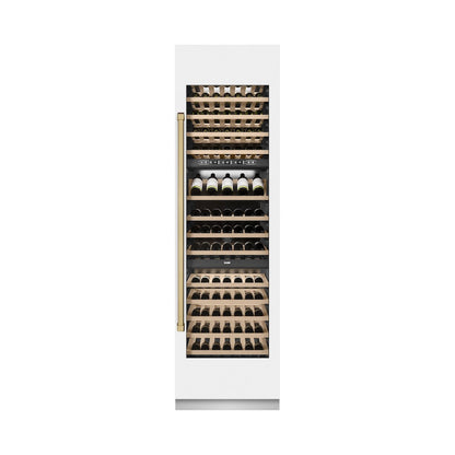 ZLINE Autograph Edition 24 in. 12.4 cu. ft. Triple Zone 100 Bottle Column Wine Cooler in White Matte and Champagne Bronze Accents (RCWVZ-WM-24-CB)
