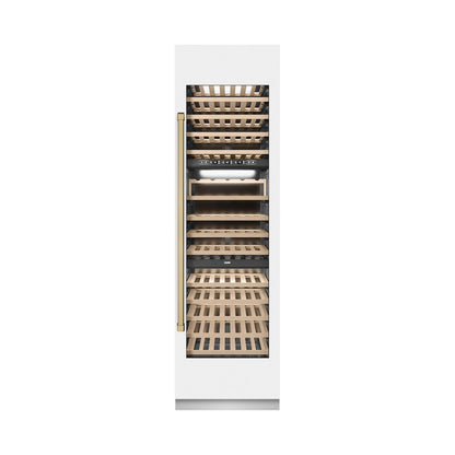 ZLINE Autograph Edition 24 in. 12.4 cu. ft. Triple Zone 100 Bottle Column Wine Cooler in White Matte and Champagne Bronze Accents (RCWVZ-WM-24-CB)