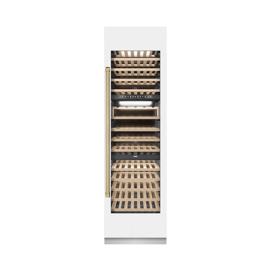 ZLINE Autograph Edition 24 in. 12.4 cu. ft. Triple Zone 100 Bottle Column Wine Cooler in White Matte and Champagne Bronze Accents (RCWVZ-WM-24-CB)
