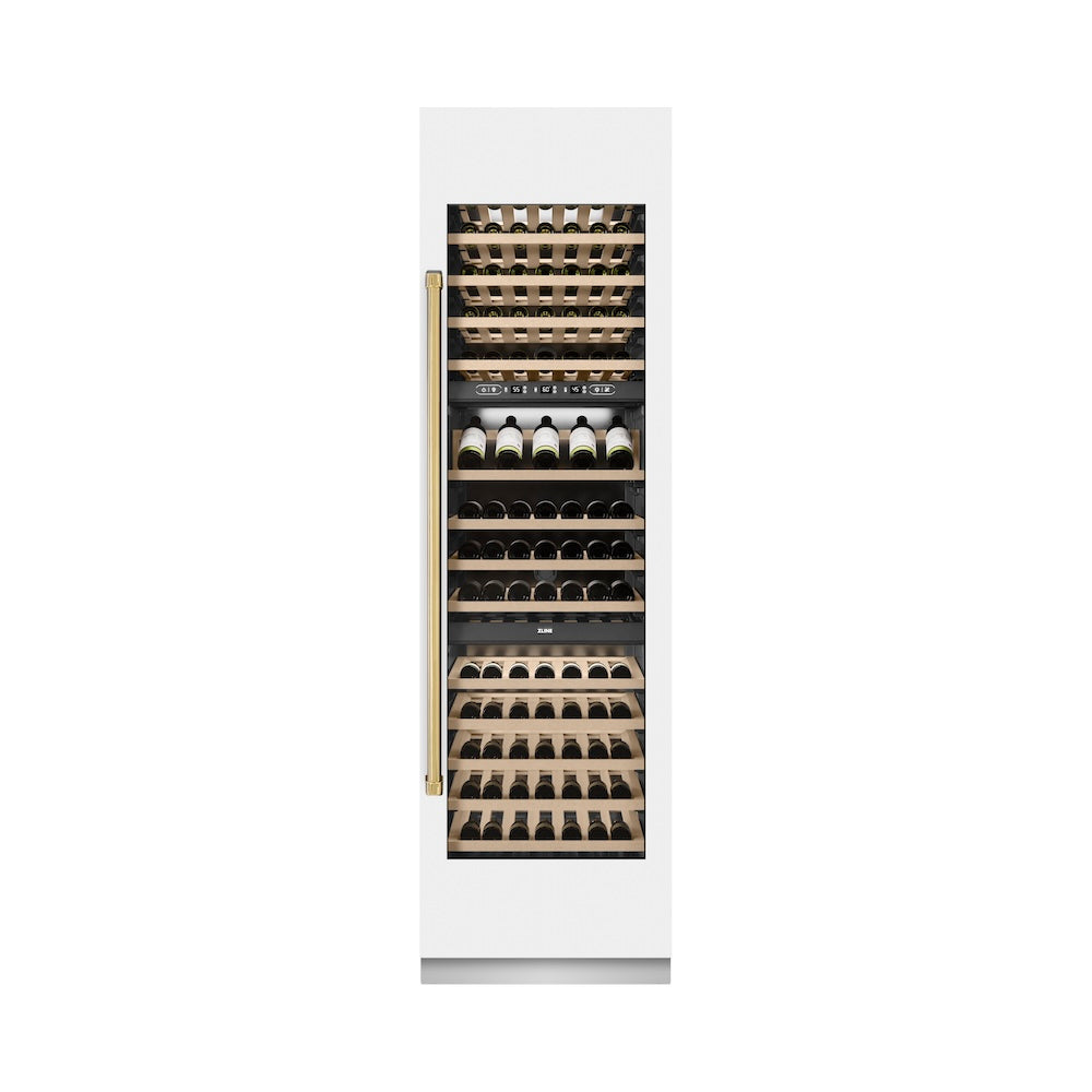 ZLINE Autograph Edition 24 in. 12.4 cu. ft. Triple Zone 100 Bottle Column Wine Cooler in White Matte and Polished Gold Accents (RCWVZ-WM-24-G)
