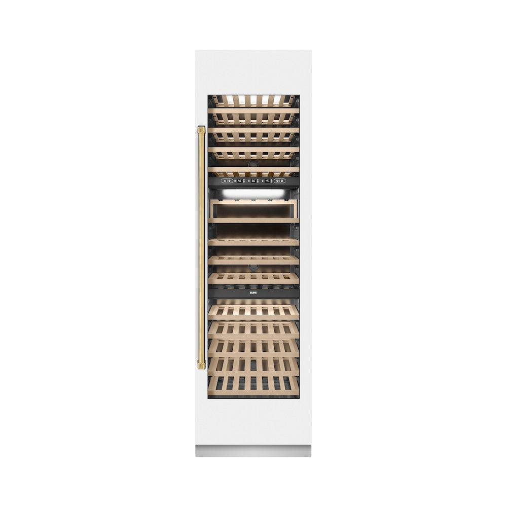 ZLINE Autograph Edition 24 in. 12.4 cu. ft. Triple Zone 100 Bottle Column Wine Cooler in White Matte and Polished Gold Accents (RCWVZ-WM-24-G)