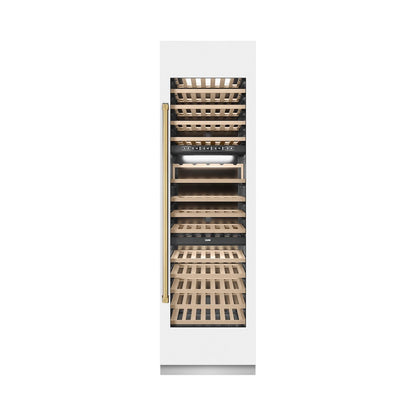 ZLINE Autograph Edition 24 in. 12.4 cu. ft. Triple Zone 100 Bottle Column Wine Cooler in White Matte and Polished Gold Accents (RCWVZ-WM-24-G)