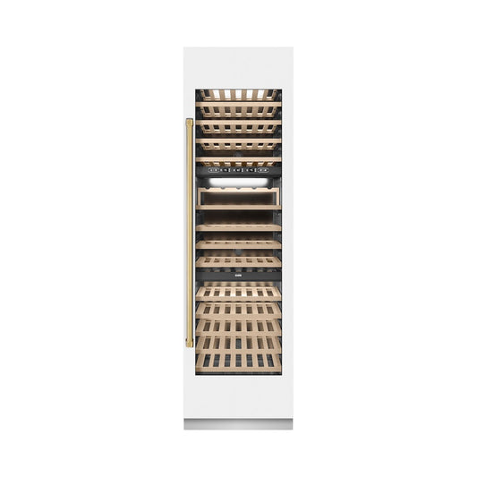 ZLINE Autograph Edition 24 in. 12.4 cu. ft. Triple Zone 100 Bottle Column Wine Cooler in White Matte and Polished Gold Accents (RCWVZ-WM-24-G)