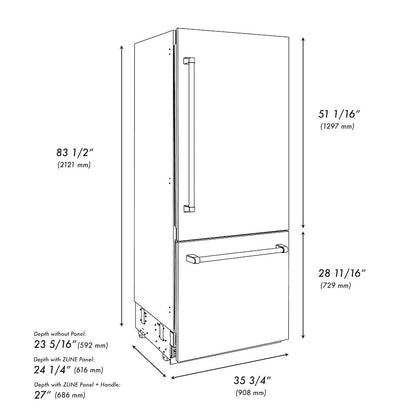 ZLINE 36 in. 19.8 cu. ft. Built-In Bottom Freezer Refrigerator with Water Dispenser and Ice Maker in White Matte with Graphite Gray Interior (GRBIT-WM-36)