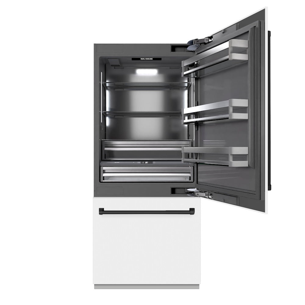 ZLINE Autograph Edition 36 in. 19.8 cu. ft. Built-In Bottom Freezer Refrigerator with Water Dispenser and Ice Maker in White Matte with Graphite Gray Interior and Matte Black Accents (GRBITZ-WM-36-MB)